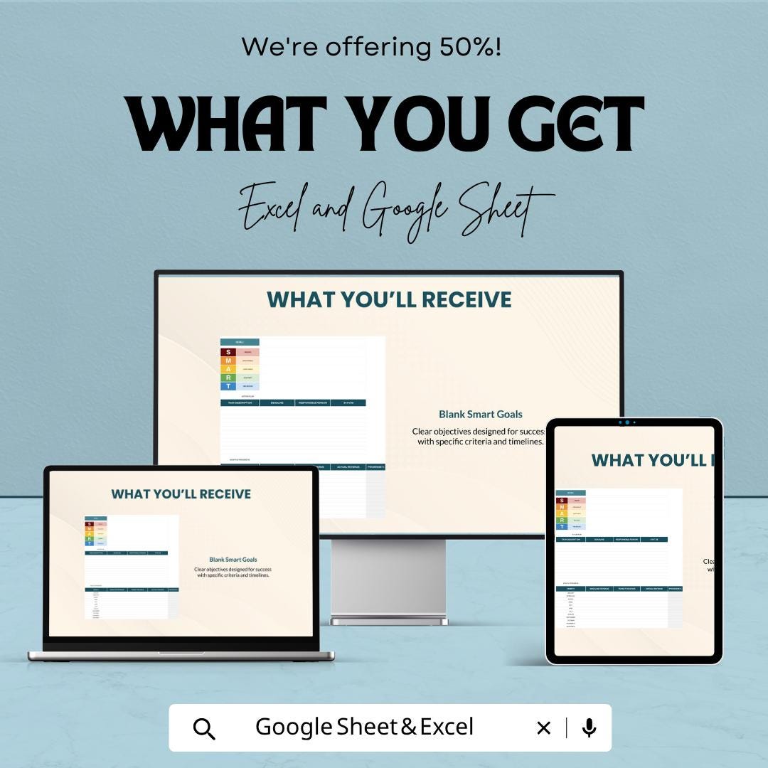 SMART Goals Template | Goal Setting Spreadsheet | Productivity Planner | Action Plan Tracker | Excel & Google Sheets | Goal Tracker Sheet