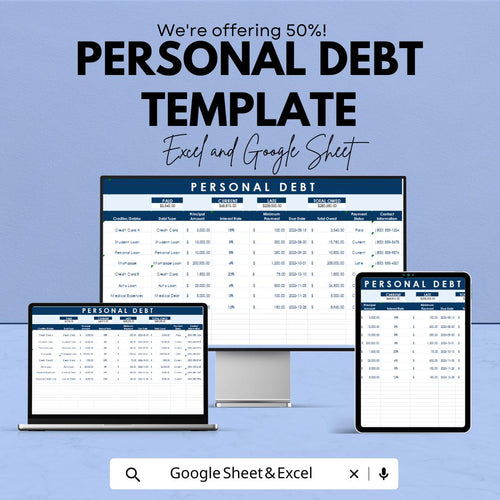Personal Debt Template | Google Sheets and Excel | Debt Tracker Spreadsheet | Loan & Credit Payment Tracker | Financial Budget Organizer