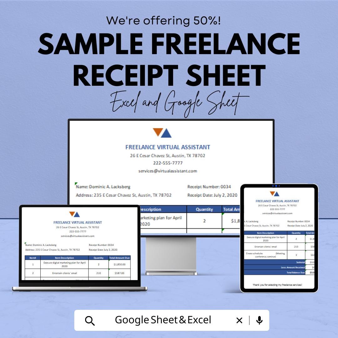 Sample Freelance Receipt Sheet - Excel & Google Sheets Template | Customizable Invoice Template for Freelancers | Easy Receipt Management