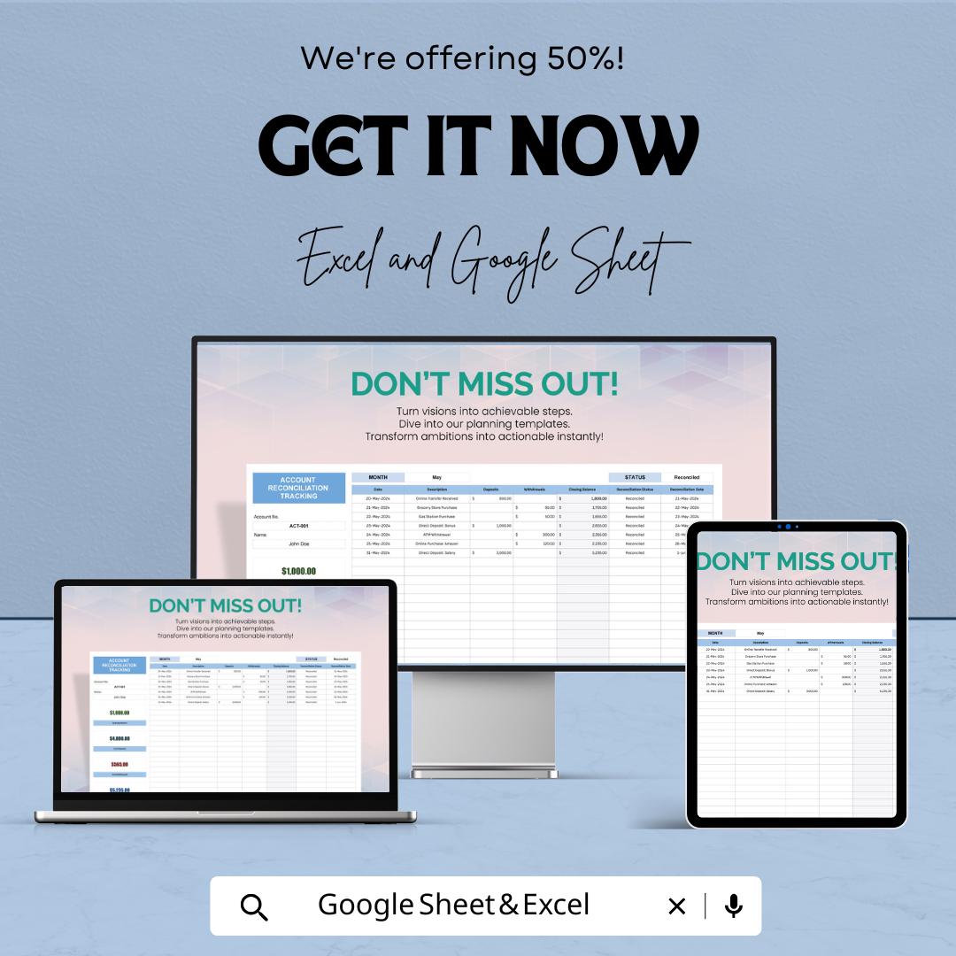 Account Reconciliation Tracking Template | Reconciliation Tracker | Account Balance Log | Transaction Tracker | Finance Spreadsheet