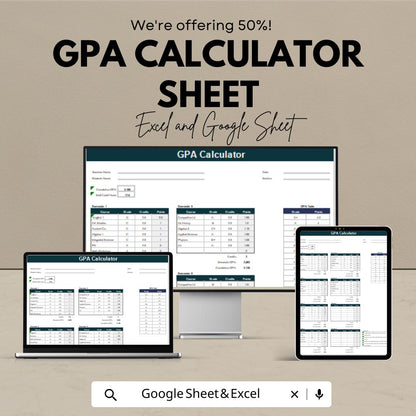 GPA Calculator Sheet | Excel and Google Sheet Template | Track Grades & Calculate GPA | Customizable | Easy to Use