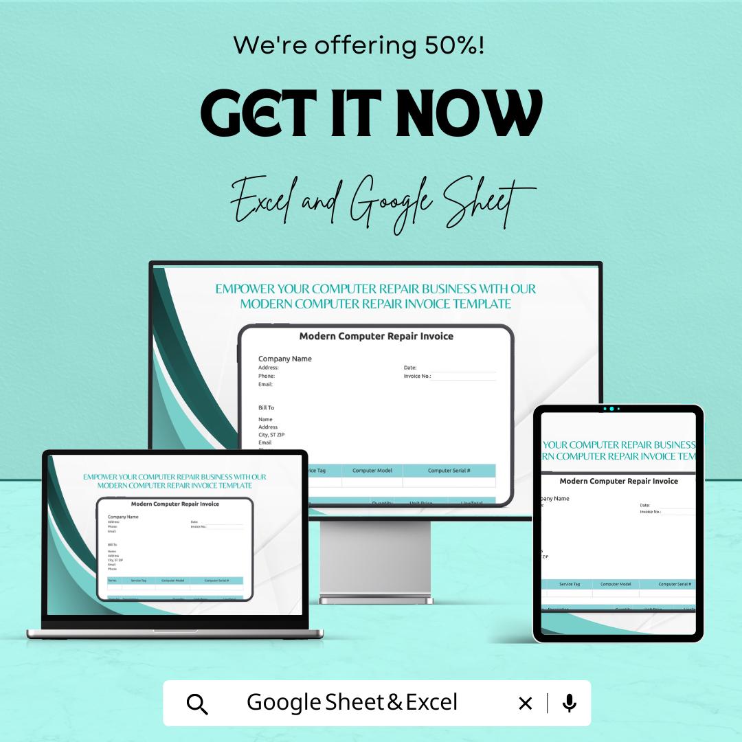 Modern Computer Repair Invoice Template |  Repair Service Billing Template | Printable Invoice Sheet | Auto Calculated