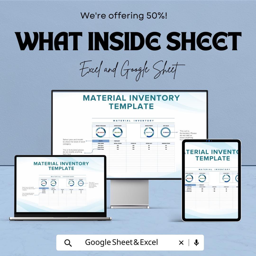 Material Inventory Template | Excel & Google Sheets Material Tracker | Stock Management Spreadsheet | Raw Material Inventory Log