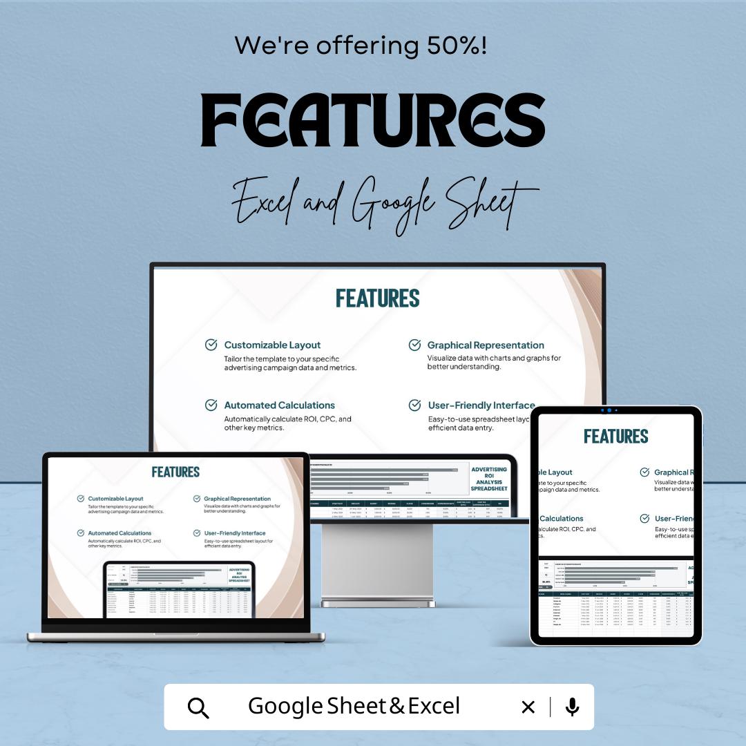 Advertising ROI Analysis Spreadsheet Template, Marketing Performance Dashboard, Ad Spend Tracker, Campaign ROI Calculator