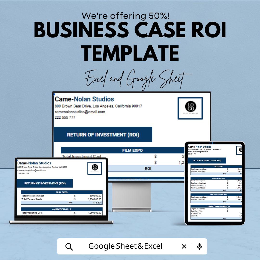 Business Case ROI Template, ROI Calculator Excel, Return on Investment Spreadsheet, Financial Analysis Tool, Google Sheets ROI Template