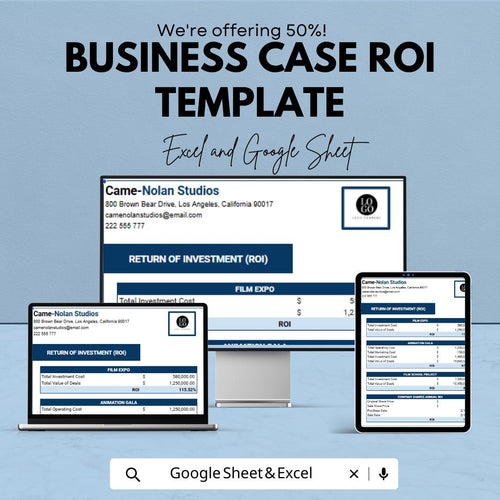 Business Case ROI Template, ROI Calculator Excel, Return on Investment Spreadsheet, Financial Analysis Tool, Google Sheets ROI Template