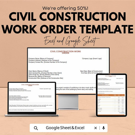 Construction Work Order Template | Contractor Job Sheet | Project Management Tracker | Excel & Google Sheets Work Order |
