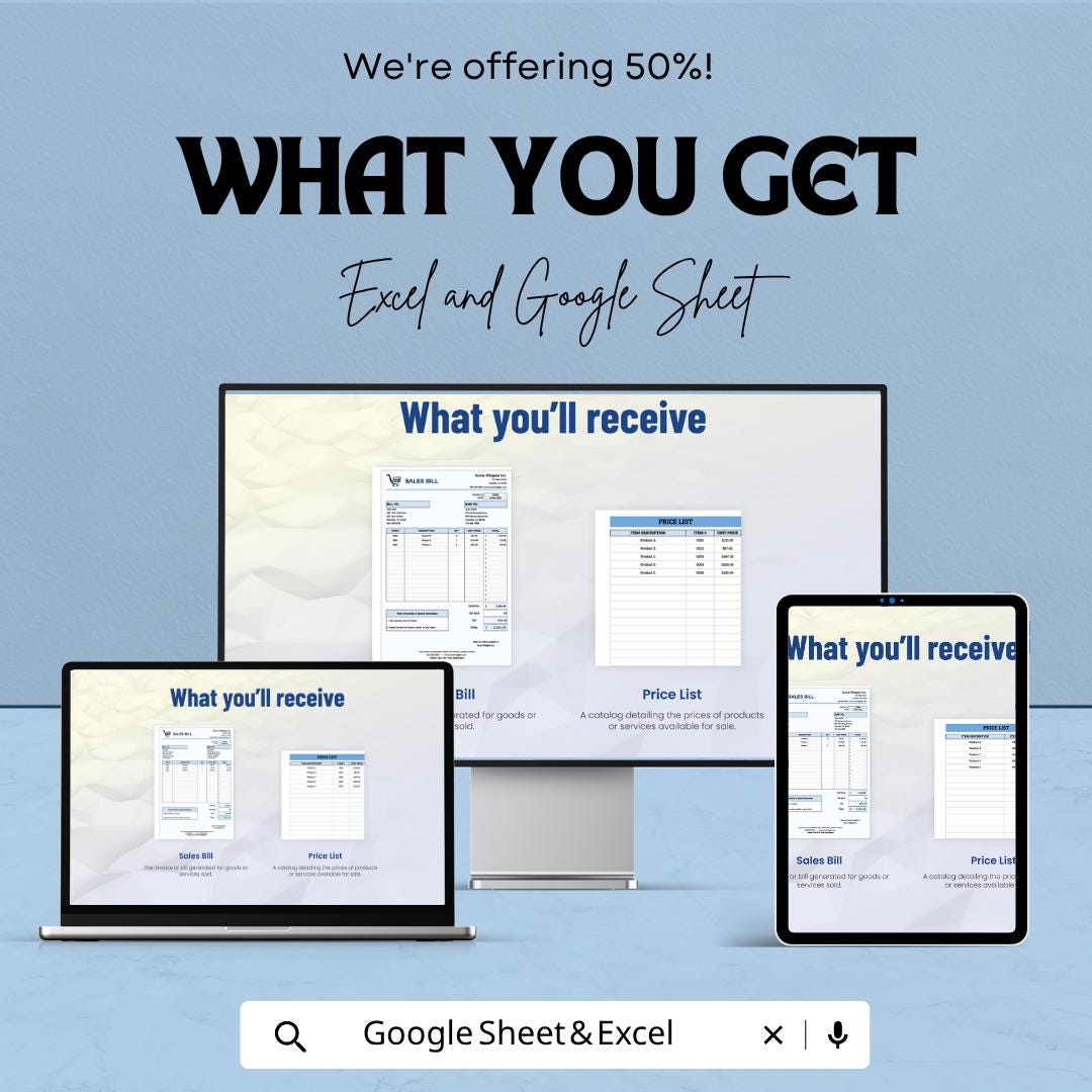 Sales Bill Template | Invoice Spreadsheet | Sales Invoice Tracker | Billing Template for Excel & Google Sheets | Small Business