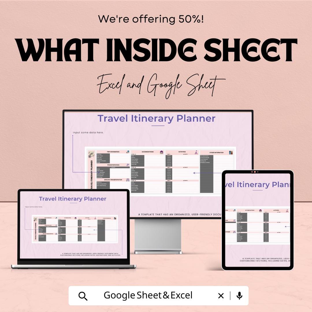 Travel Itinerary Planner Sheet | Trip Planner Template | Google Sheets & Excel | Vacation Planning Organizer | Editable Travel Schedule