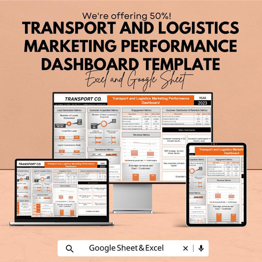Transport and Logistics Marketing Performance Dashboard Template | KPI Tracking Spreadsheet | Customer Acquisition & Engagement Metrics