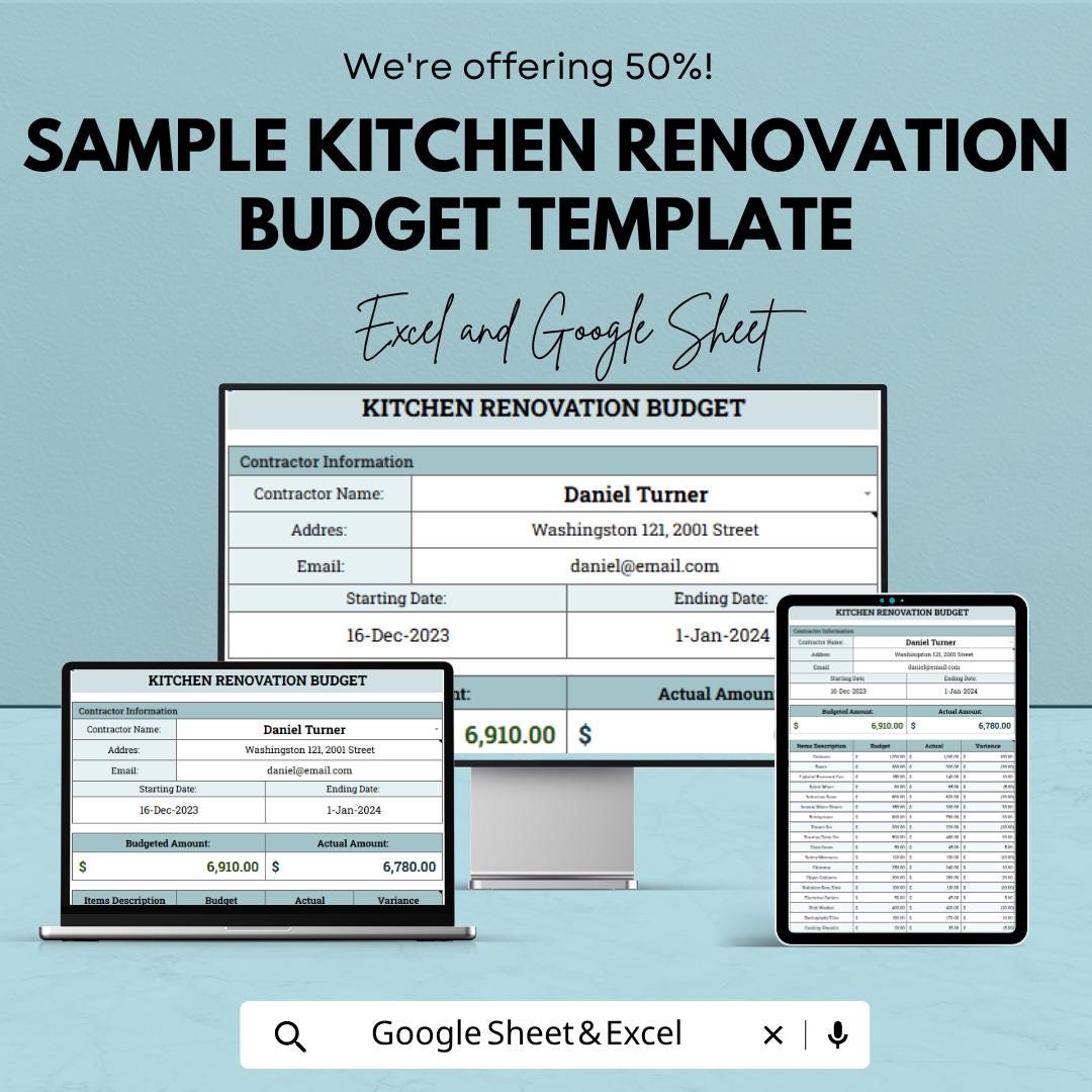 Kitchen Renovation Budget Template Excel Google Sheets | Home Remodel Budget Planner | Kitchen Remodel Cost Tracker | Contractor Expense