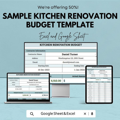Kitchen Renovation Budget Template Excel Google Sheets | Home Remodel Budget Planner | Kitchen Remodel Cost Tracker | Contractor Expense