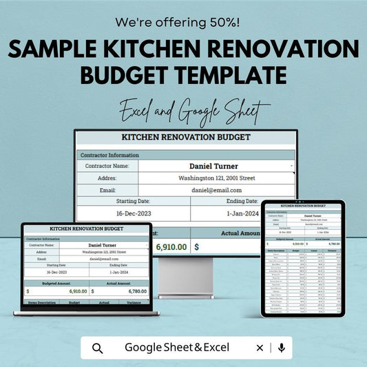 Kitchen Renovation Budget Template Excel Google Sheets | Home Remodel Budget Planner | Kitchen Remodel Cost Tracker | Contractor Expense