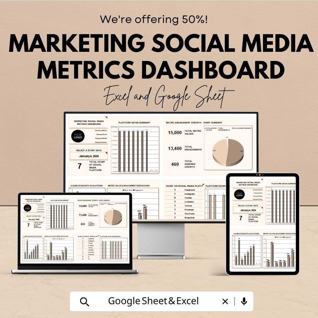 Marketing Social Media Metrics Dashboard Sheet | Excel & Google Sheets Template | Social Media Analytics | Engagement Tracker for Businesses