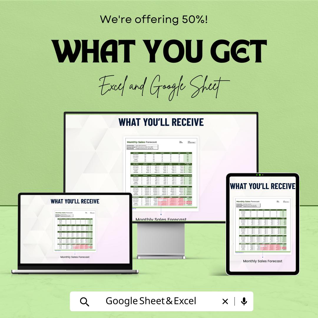 Budget Sales Forecast Template | Excel & Google Sheets | Sales Projection Spreadsheet | Business Forecast Planner