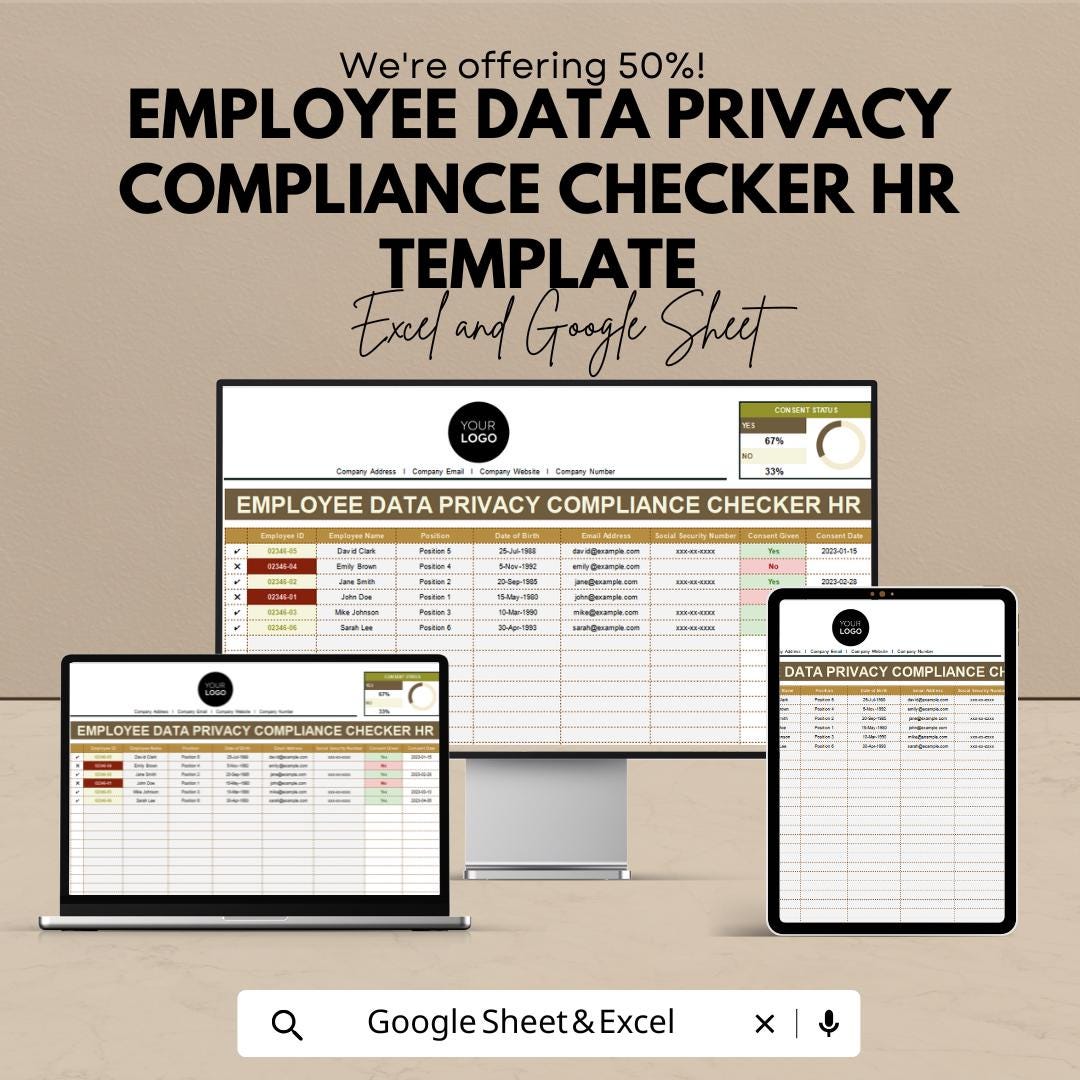 Employee Data Privacy Compliance Checker HR Template | HR Data Protection Tracker | Employee Consent Management Spreadsheet