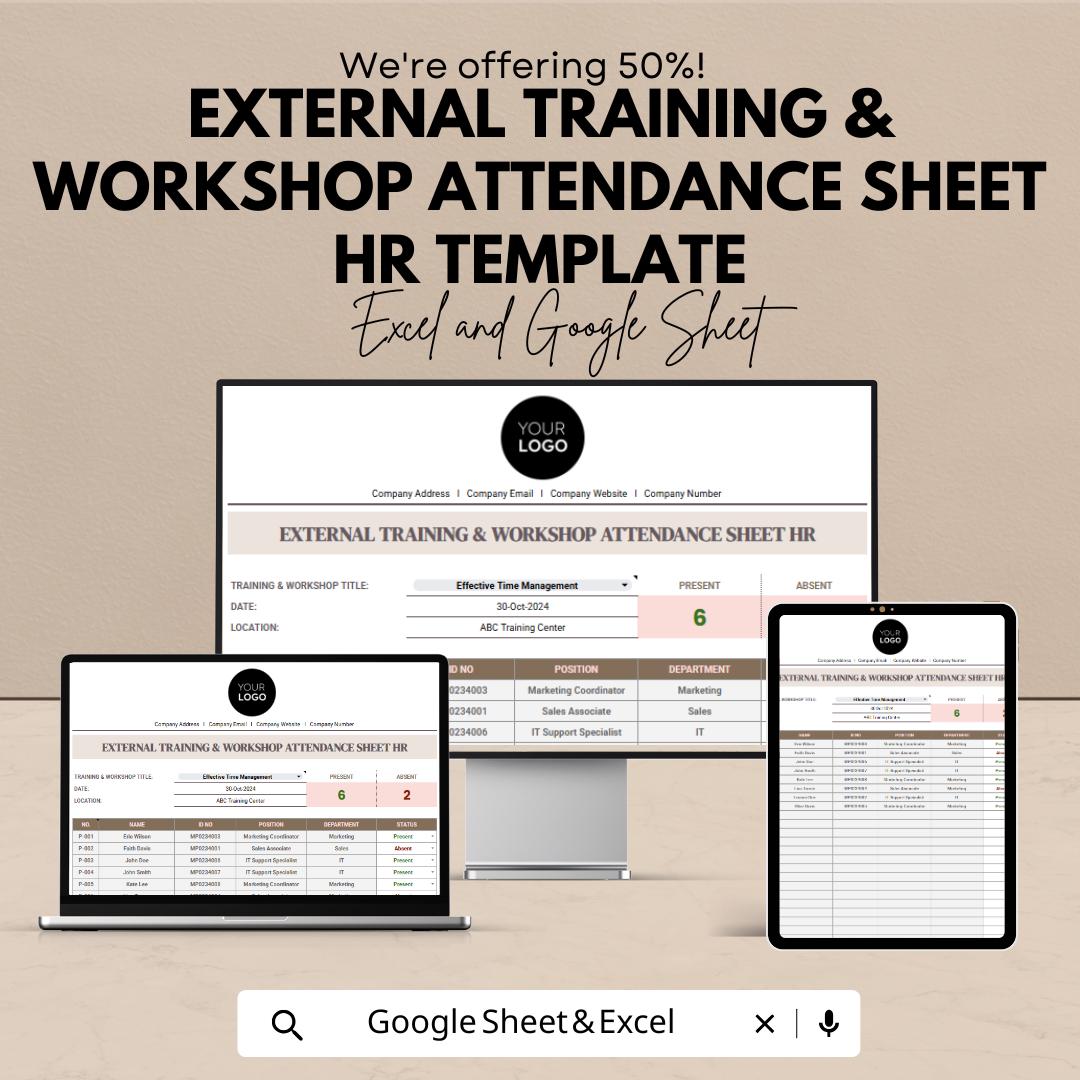 External Training & Workshop Attendance Sheet HR Template | Excel and Google Sheets | Employee Training Tracker