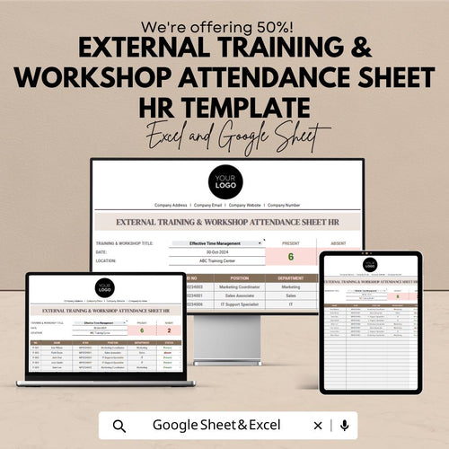 External Training & Workshop Attendance Sheet HR Template | Excel and Google Sheets | Employee Training Tracker