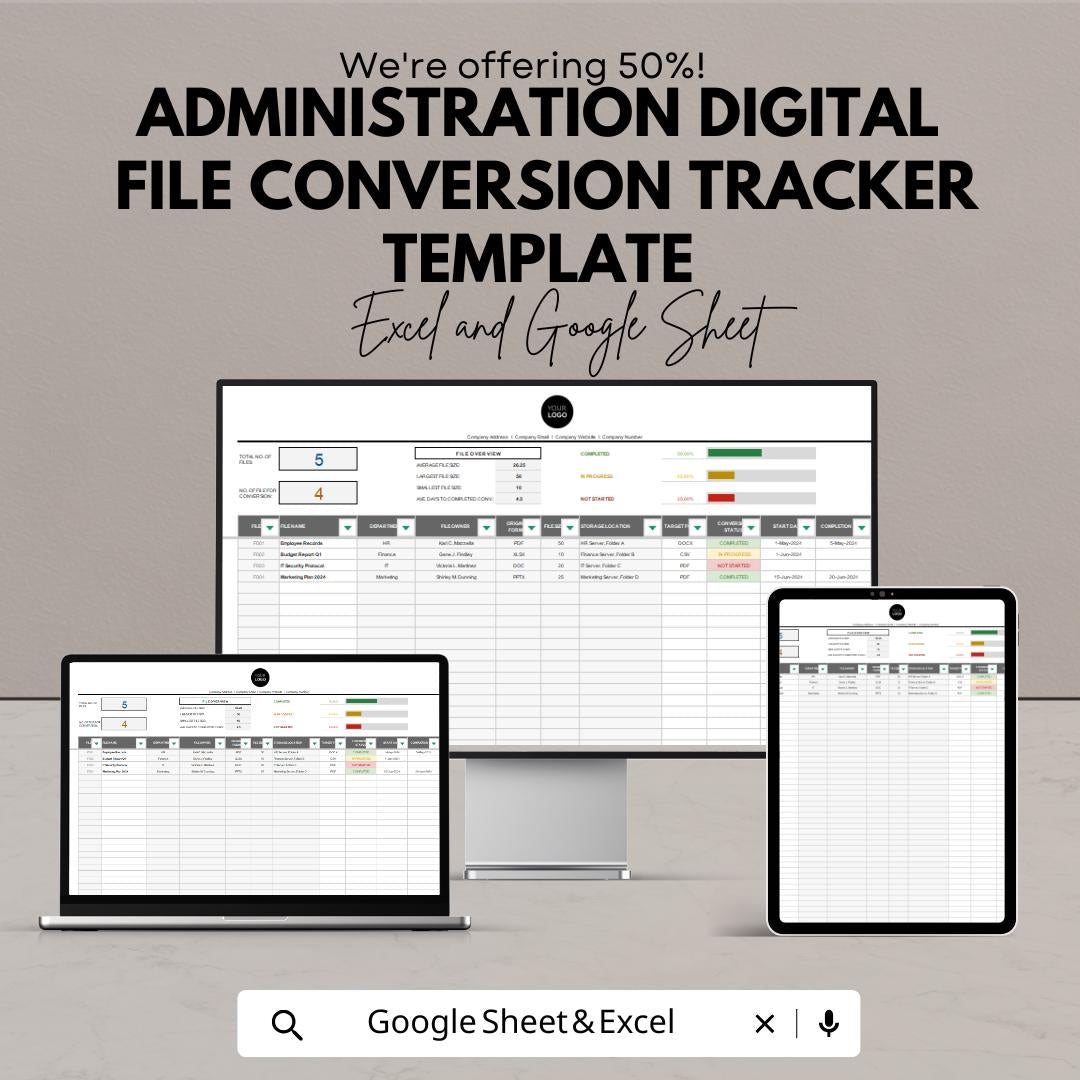 Administration Digital File Conversion Tracker Template | File Management Spreadsheet | Business Organization Tracker