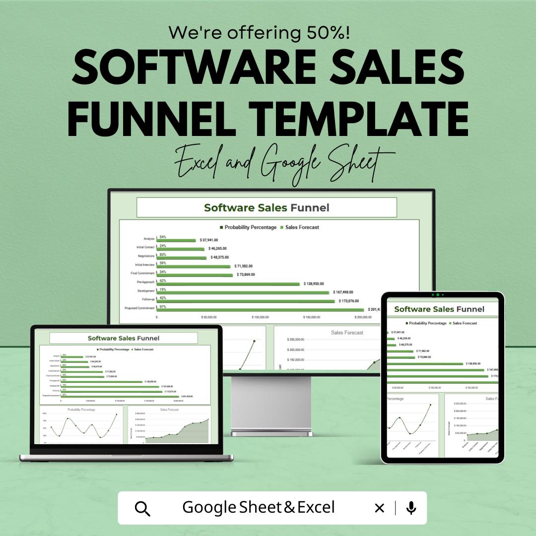 Software Sales Funnel Template | Sales Pipeline Tracker | Revenue Forecast Spreadsheet | Excel & Google Sheets