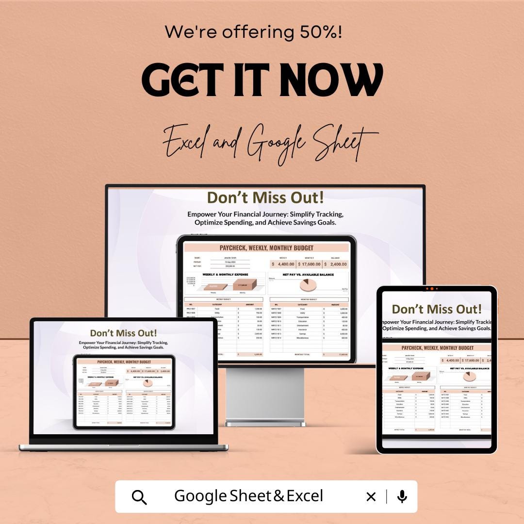 Paycheck, Weekly, Monthly Budget Spreadsheet | Excel and Google Sheets | Personal Finance Tracker | Expense & Income Organizer
