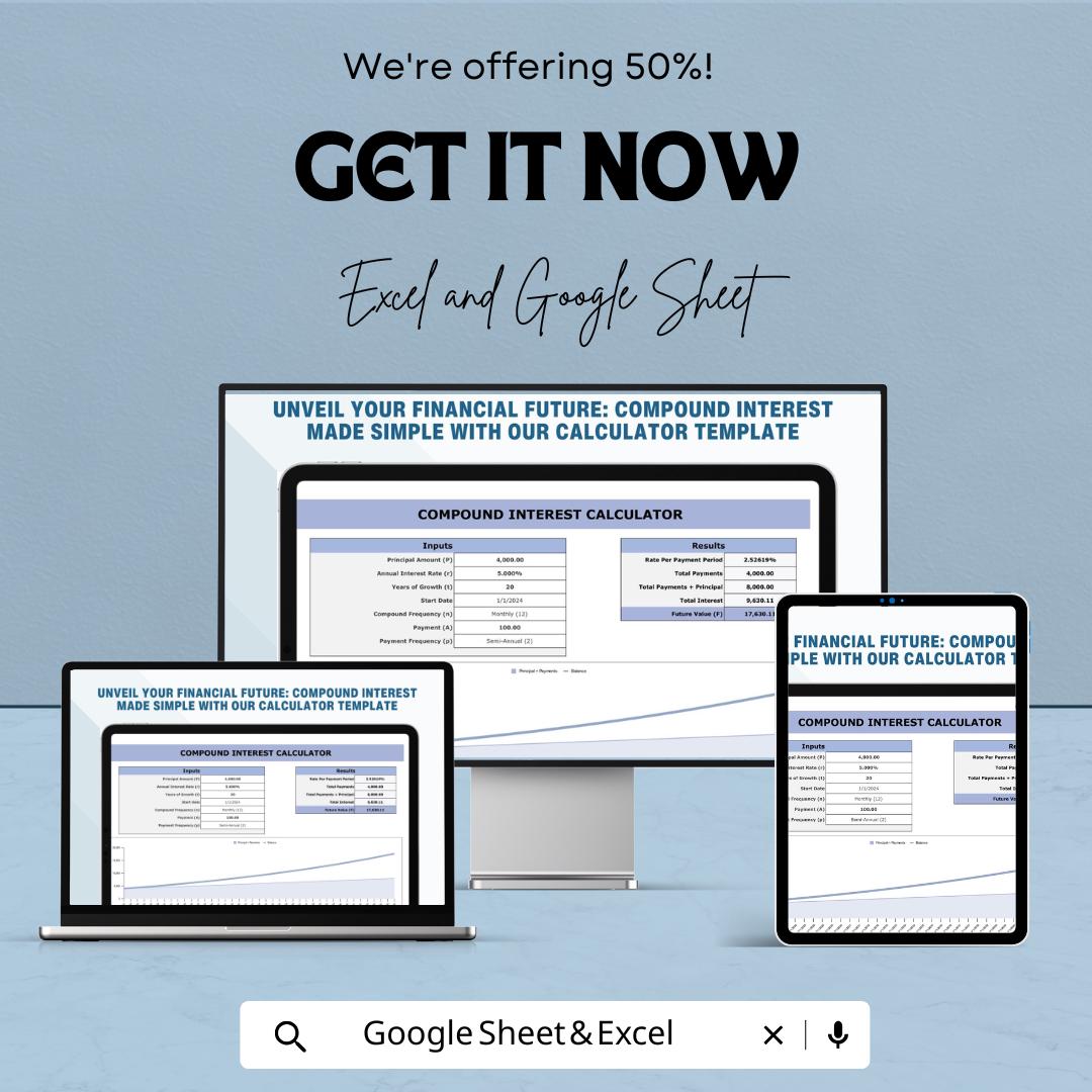 Compound Interest Calculator Template | Investment Calculator | Financial Planning Spreadsheet | Interest Growth Tracker