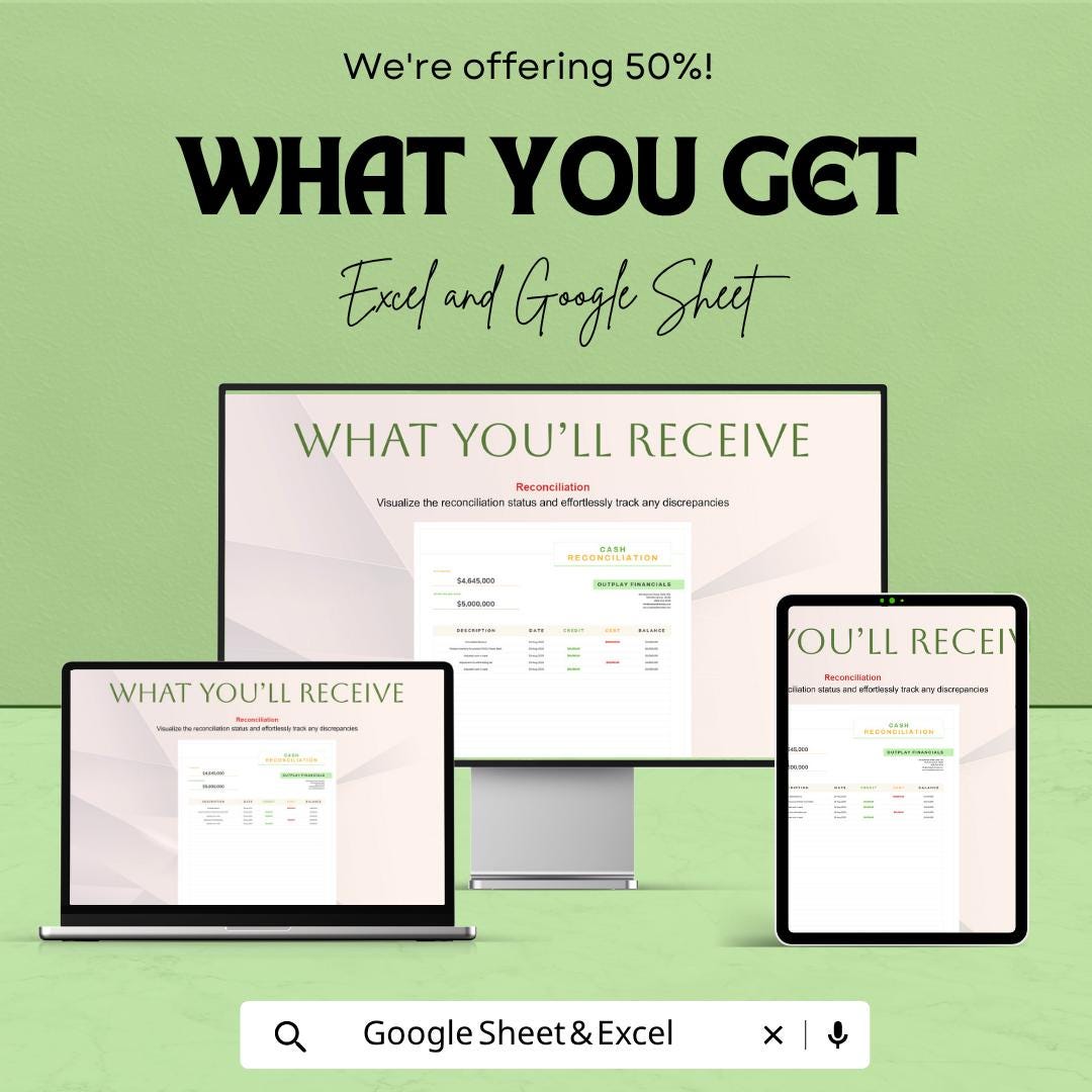 Cash Reconciliation Template | Cash Flow Reconciliation Spreadsheet | Financial Balance Tracker Template | Excel & Google Sheets |
