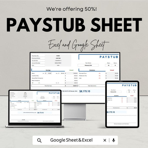 50% Off | Paystub Sheet Template for Excel and Google Sheets | Employee Pay Stubs, Deductions, & Earnings Breakdown