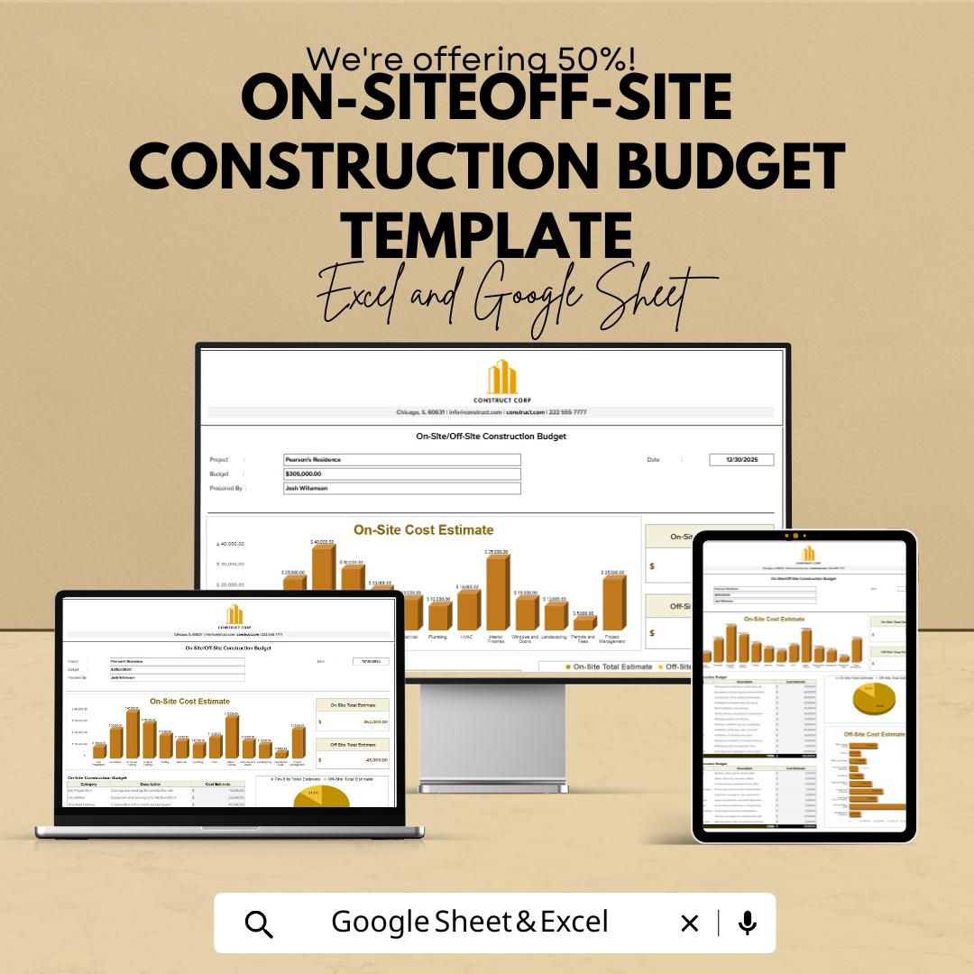 On-Site Off-Site Construction Budget Template | Construction Cost Spreadsheet | Contractor Cost Tracking Tool