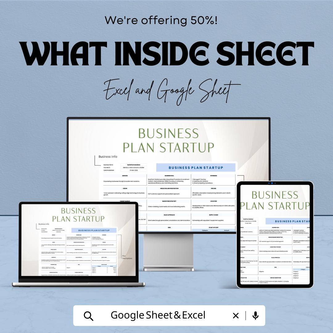 Business Plan Startup Template | Excel & Google Sheets | Startup Business Plan, Entrepreneur Roadmap, Small Business Planning Tool