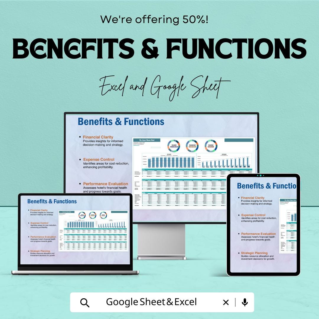 Hotel Profit and Loss Sheet | Excel and Google Sheets Template | Revenue & Expense Tracker | Financial Performance Analysis |