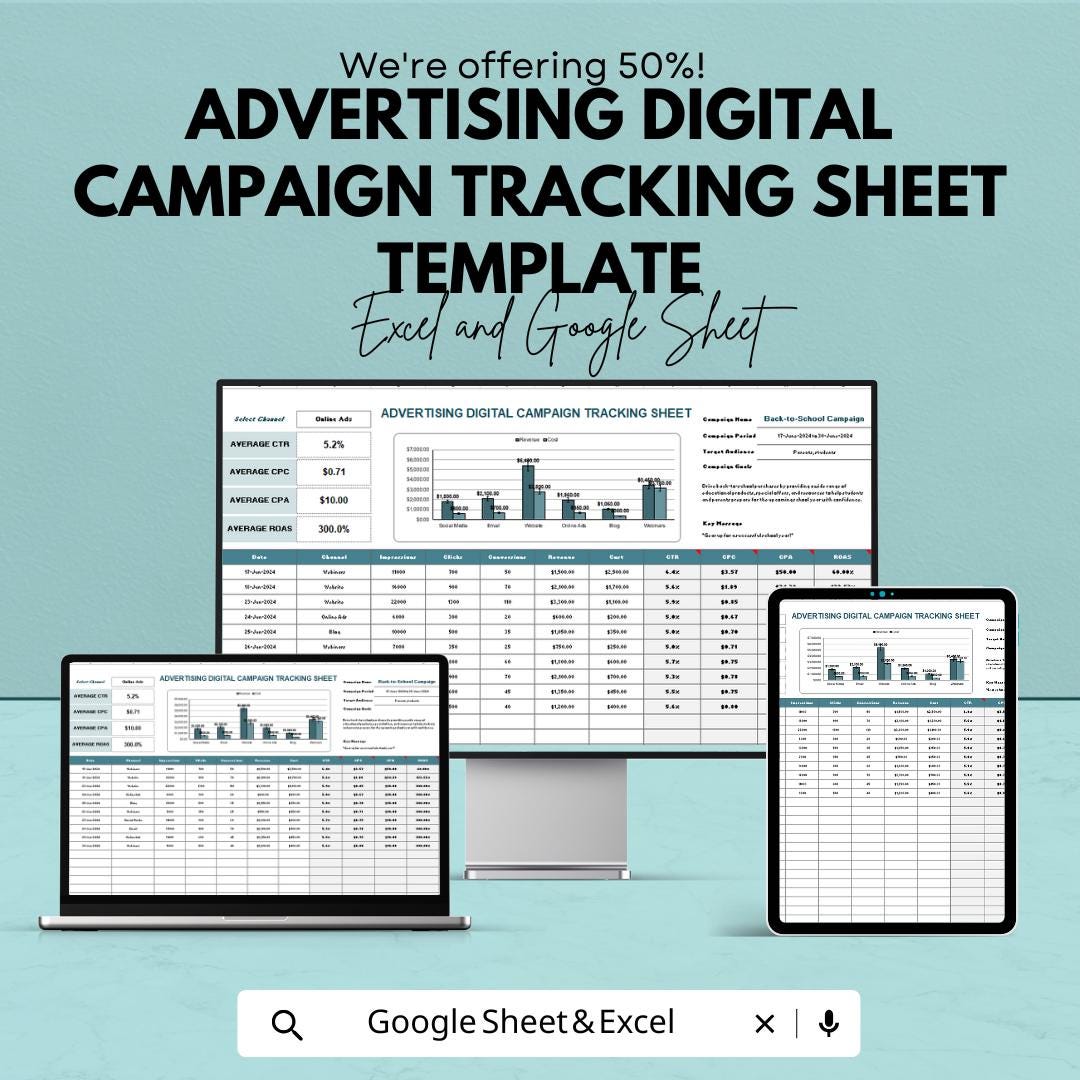 Advertising Campaign Tracking Sheet Template | Digital Ad Performance Tracker ROAS CTR CPC Analyzer | Marketing Campaign Dashboard