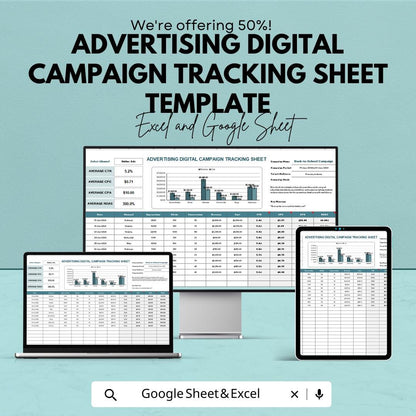 Advertising Campaign Tracking Sheet Template | Digital Ad Performance Tracker ROAS CTR CPC Analyzer | Marketing Campaign Dashboard