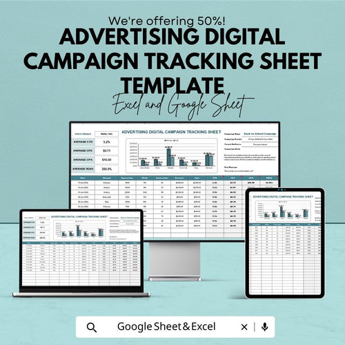 Advertising Campaign Tracking Sheet Template | Digital Ad Performance Tracker ROAS CTR CPC Analyzer | Marketing Campaign Dashboard