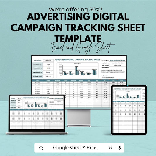 Advertising Campaign Tracking Sheet Template | Digital Ad Performance Tracker ROAS CTR CPC Analyzer | Marketing Campaign Dashboard
