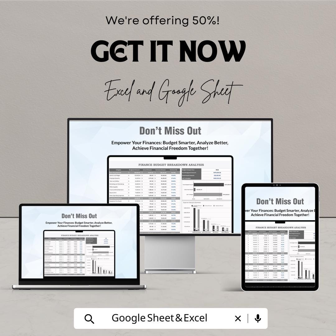 Finance Budget Breakdown Analysis Template | Budget Planner Spreadsheet | Monthly & Yearly Expense Tracker