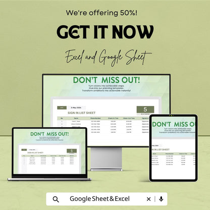 Sign In List Sheet | Editable Attendance Tracker | Excel and Google Sheets Template | Printable Sign-In Log | Check-In & Out Record Sheet