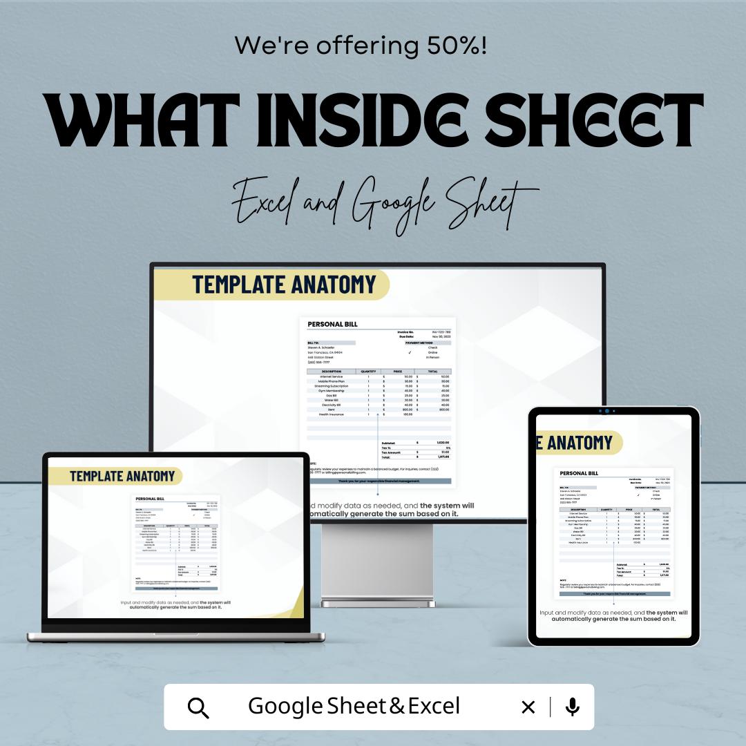Personal Bill Sheet - Editable Excel & Google Sheet Template for Easy Expense Tracking