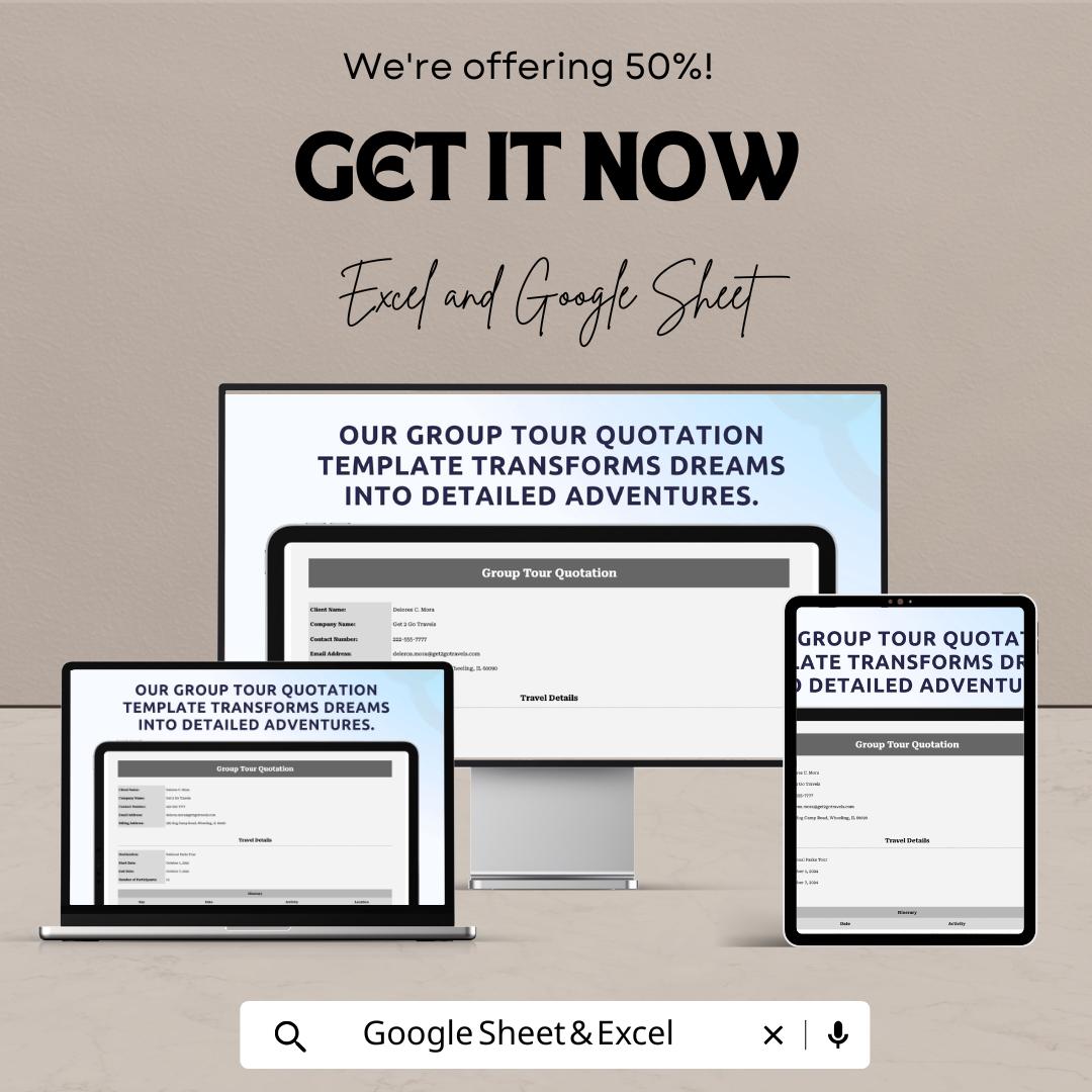 Group Tour Quotation Template for Excel & Google Sheets – 50% Off – Customizable Tour Quotation Sheet for Travel Agencies