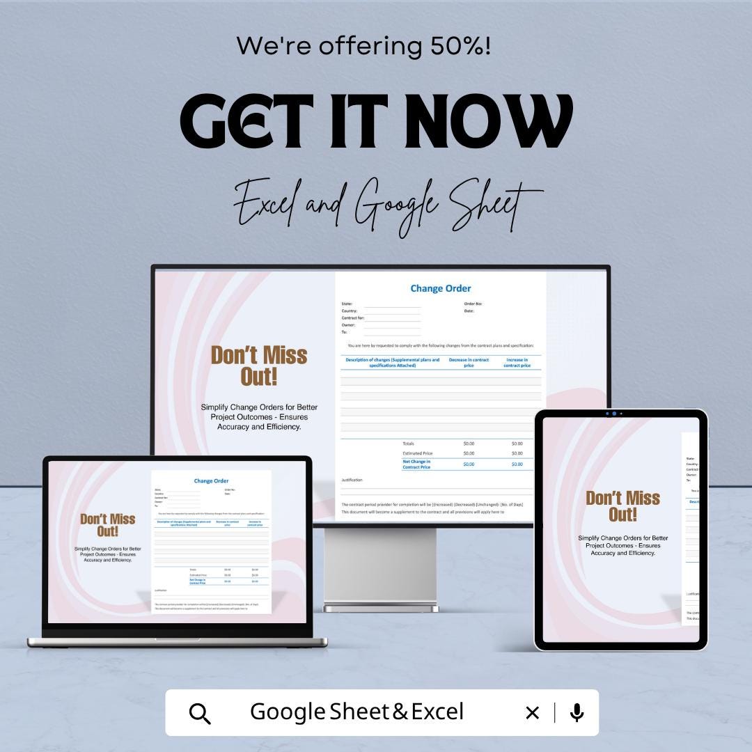 Change Order Template | Construction Change Order Form | Project Change Order Spreadsheet | Contract Change Order Tracker