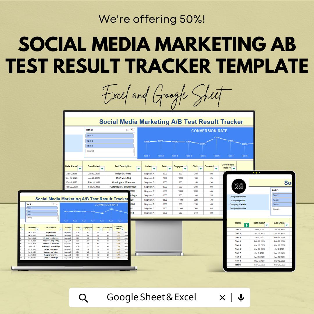 Social Media Marketing A/B Test Result Tracker Template | AB Testing Spreadsheet | Conversion Rate Tracker | Marketing Analytics Tool