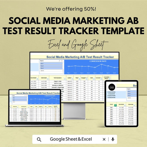 Social Media Marketing A/B Test Result Tracker Template | AB Testing Spreadsheet | Conversion Rate Tracker | Marketing Analytics Tool