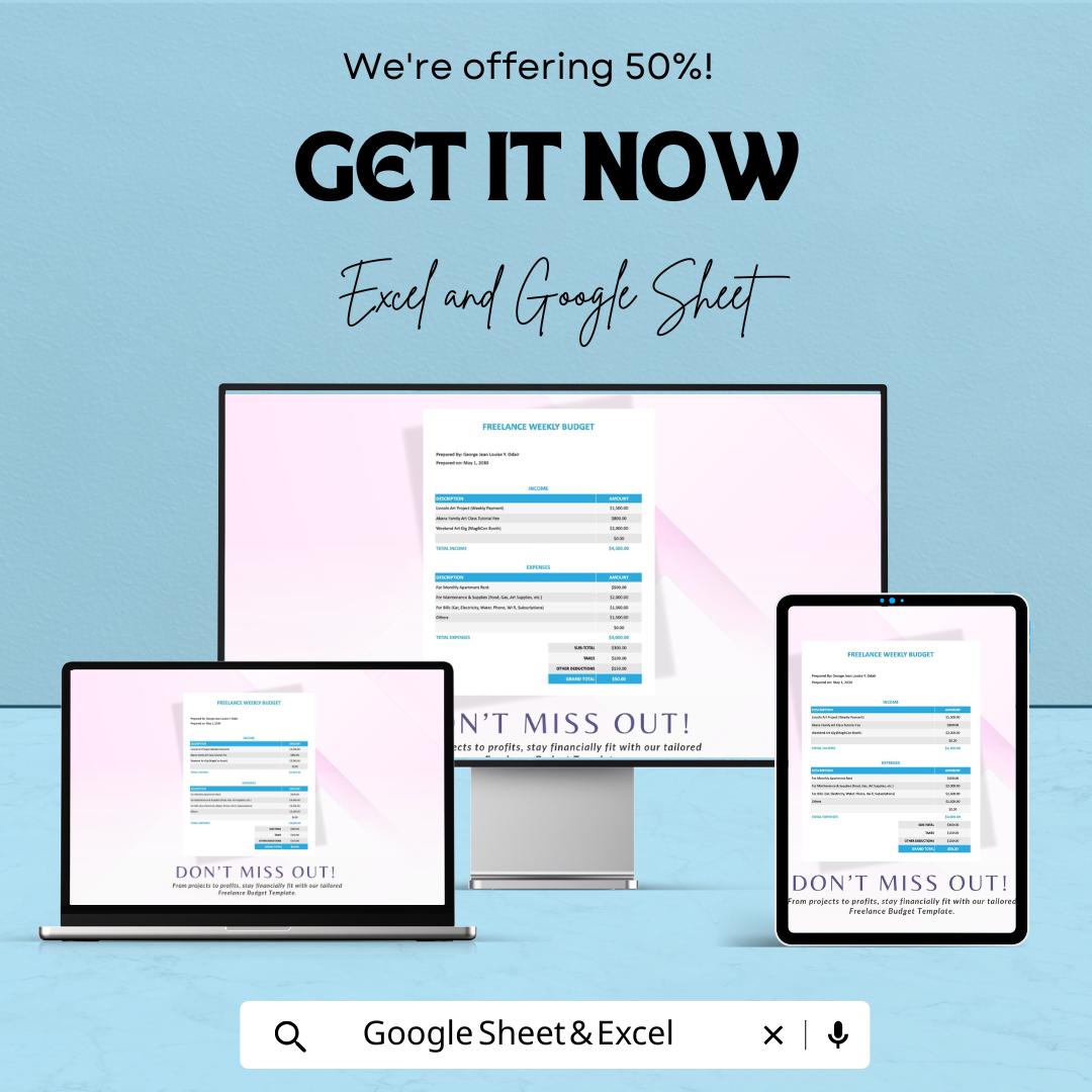 Weekly Freelance Budget Sheet | Income & Expense Tracker | Google Sheets and Excel | Freelancers Budget Planner | Editable Finance Template