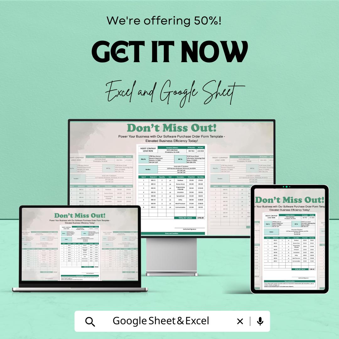 Software Purchase Order Form Sheet for Excel & Google Sheets | Efficient Order Management Template | Track Software Purchases with Ease