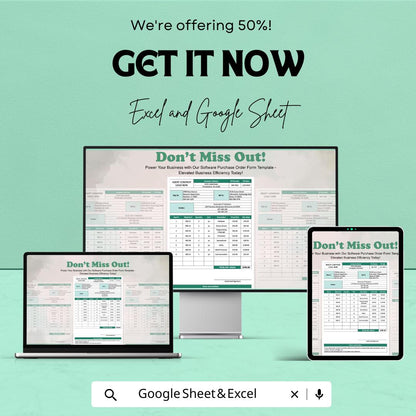 Software Purchase Order Form Sheet for Excel & Google Sheets | Efficient Order Management Template | Track Software Purchases with Ease