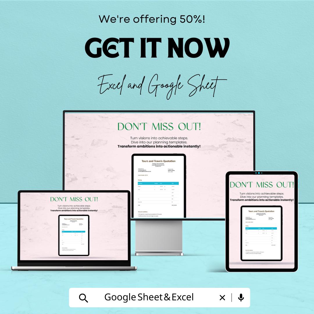 Tours and Travel Quotation Sheet - Excel & Google Sheets Template for Pricing and Invoicing - 50% OFF