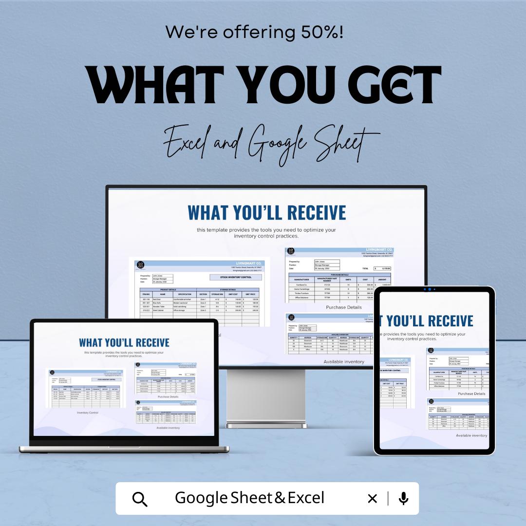 Inventory Control Template | Stock Management Spreadsheet | Excel & Google Sheets Inventory Tracker | Warehouse Stock Control Log