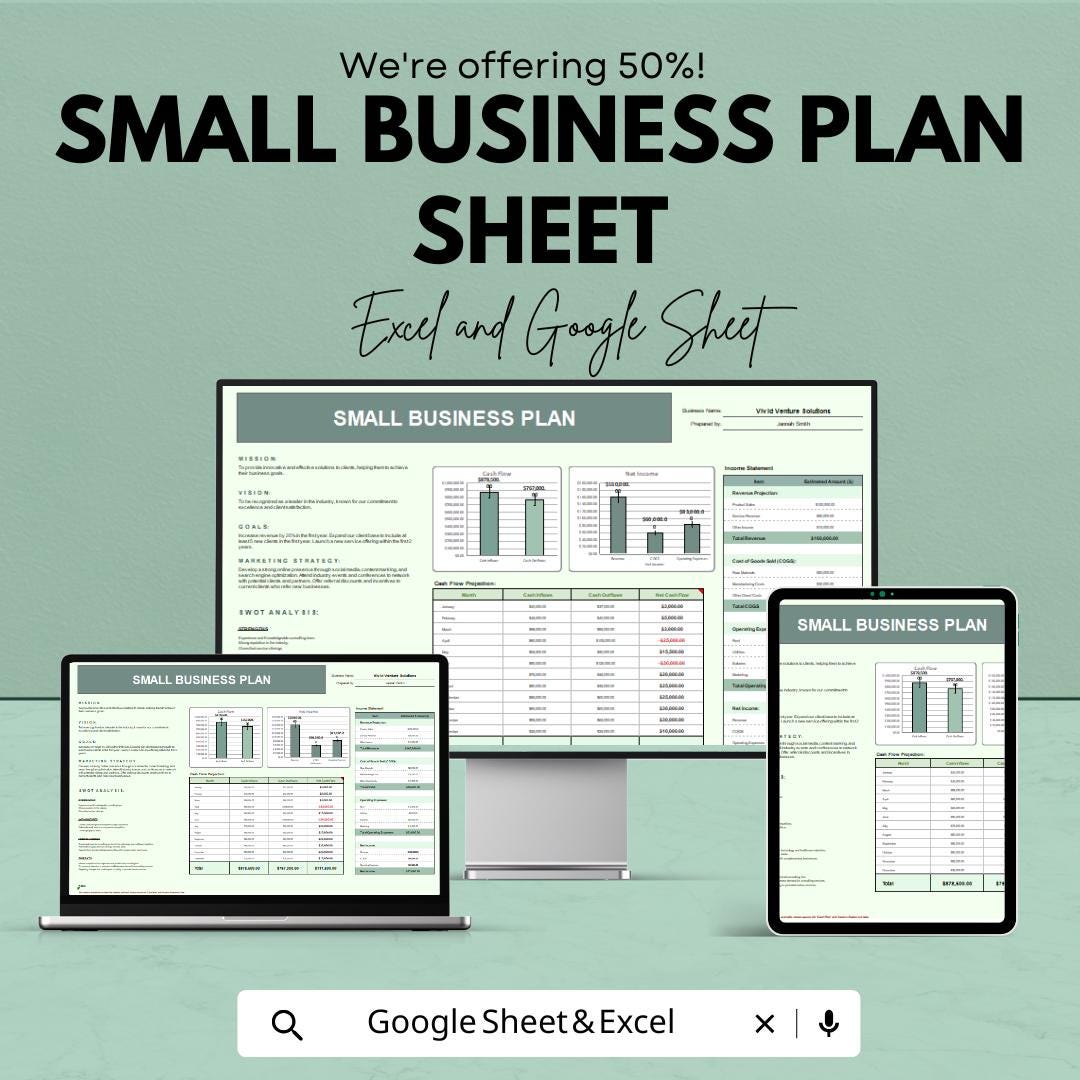 Small Business Plan Sheet – Excel and Google Sheets Template for Strategic Planning & Financial Projections