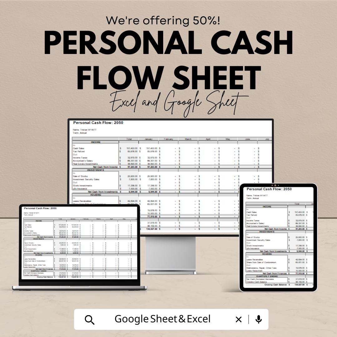 Personal Cash Flow Sheet | Monthly Budget Tracker Excel & Google Sheet | Income Expense Planner | Financial Spreadsheet Template