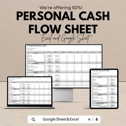 Personal Cash Flow Sheet | Monthly Budget Tracker Excel & Google Sheet | Income Expense Planner | Financial Spreadsheet Template